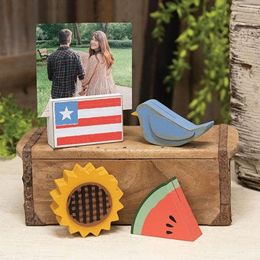 4 Set Primitive Spring & Summer Wooden Photo Or Placecard Blocks - The Fox Decor